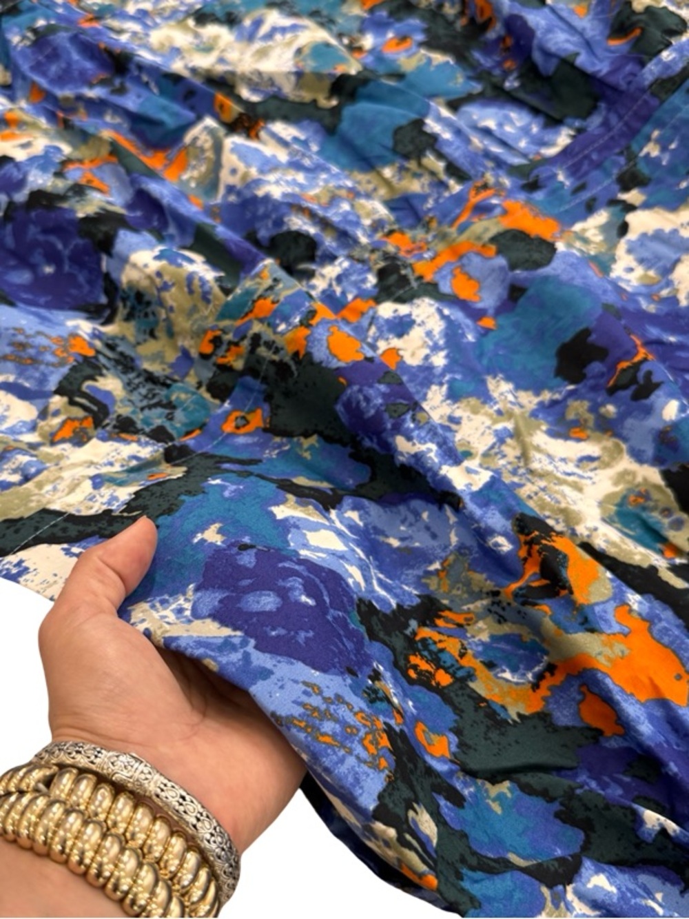 Anthropologie Blue Floral Maxi Dress with Orange & Cream Accents - Picture 4 of 11